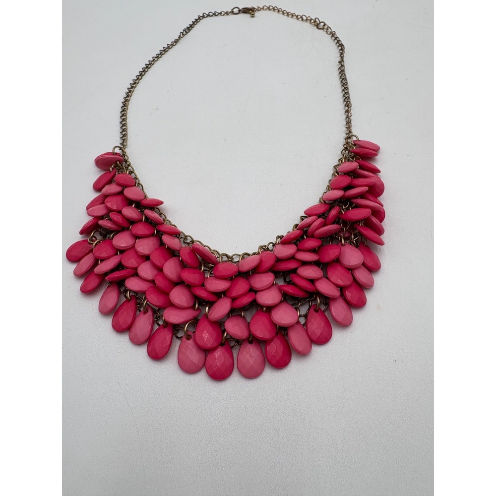 Pink Teardrop Bead Bib Statement Necklace Brass Tone Layered Tiered Fringed